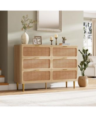 Rattan 6 Drawer TV Stand, Large Wooden Media Console with Wide Storage Top, Entertainment Center for Living Room, Hallway, Kids Room