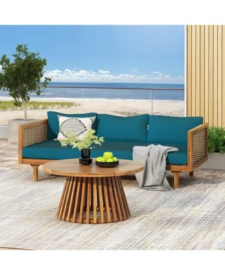 Weather Resistant Wicker Patio Conversation Set with Acacia Wood Coffee Table Water Resistant Thick Dark Teal Cushions for Garden Patio Deck