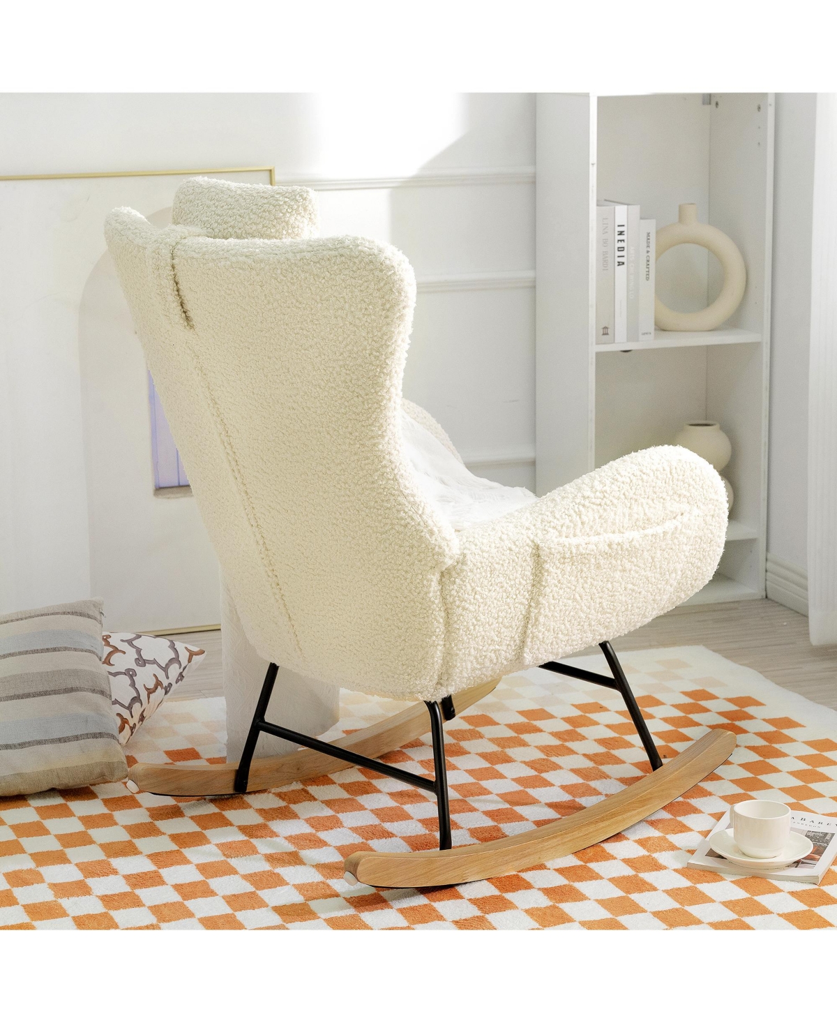 Flynama Teddy Upholstered Nursery Rocking Chair with High Backrest Adjustable Headrest Pocket Rubber Wood Legs for Bedroom Living Room Offices