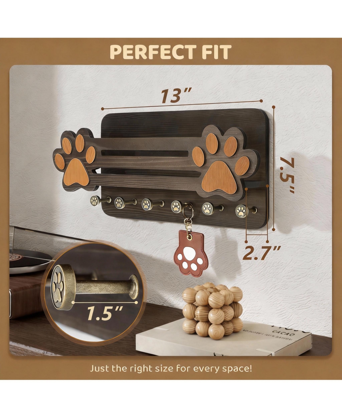 Yigii Cute Dog Paw Wall Organizer with Shelf & Hooks for Leashes and Accessories
