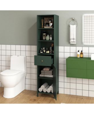 67 Inch Tall Narrow Bathroom Floor Storage Cabinet with Fluted Door