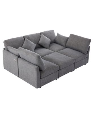 Gray U-shaped Sectional Sofa with Movable Ottoman & USB Ports