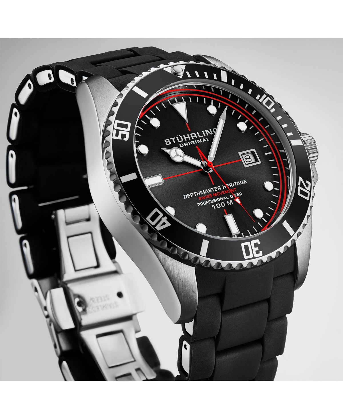 Stuhrling Depthmaster Heritage 4087 Men's Swiss Quartz Diver Watch, 44mm Black Dial with Red Accents