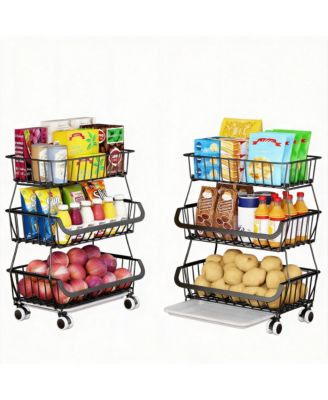 3-Tier Wire Basket Storage Cart with Wheels for Kitchen Pantry