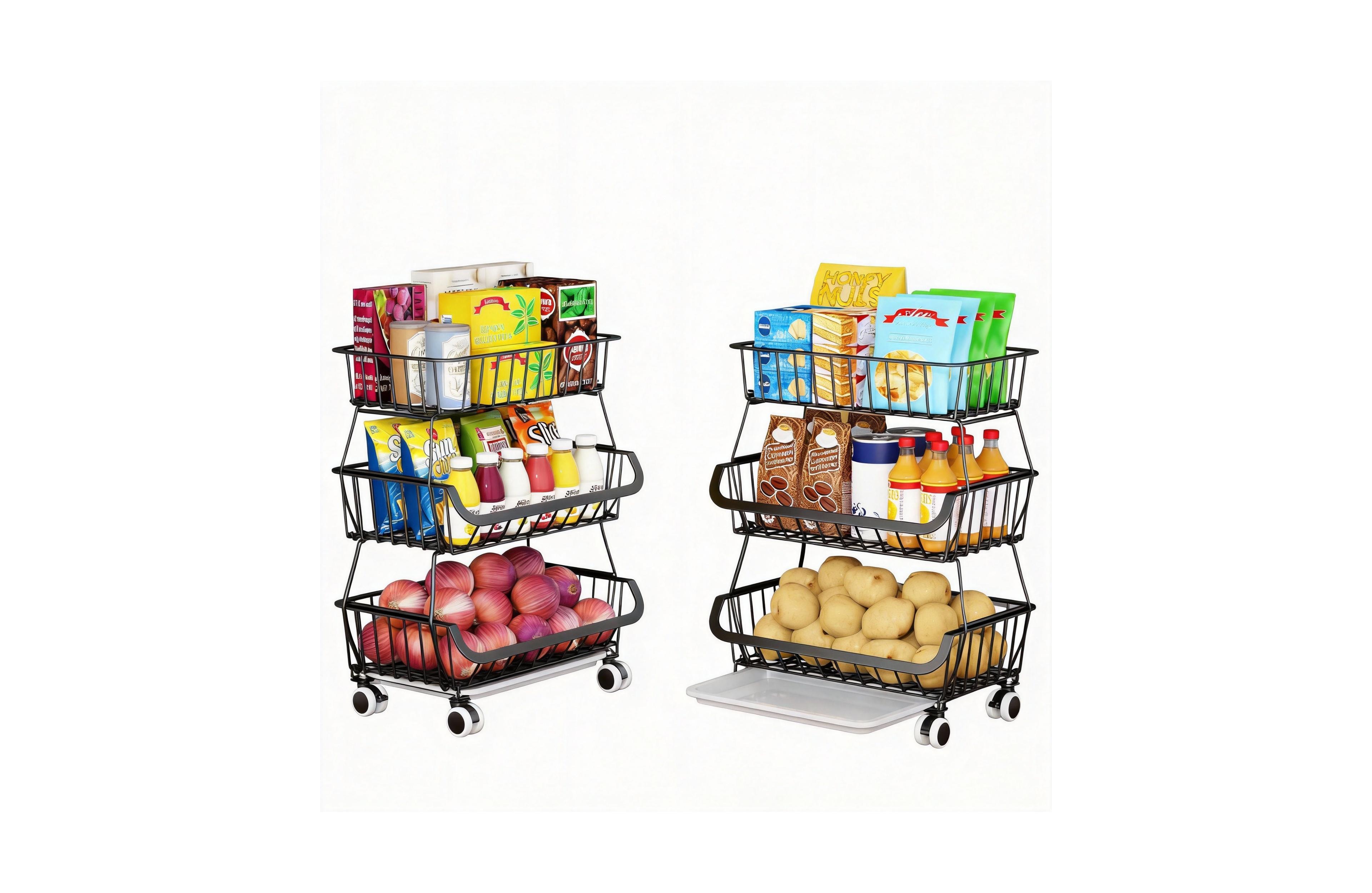 Yigii 3-Tier Wire Basket Storage Cart with Wheels for Kitchen Pantry
