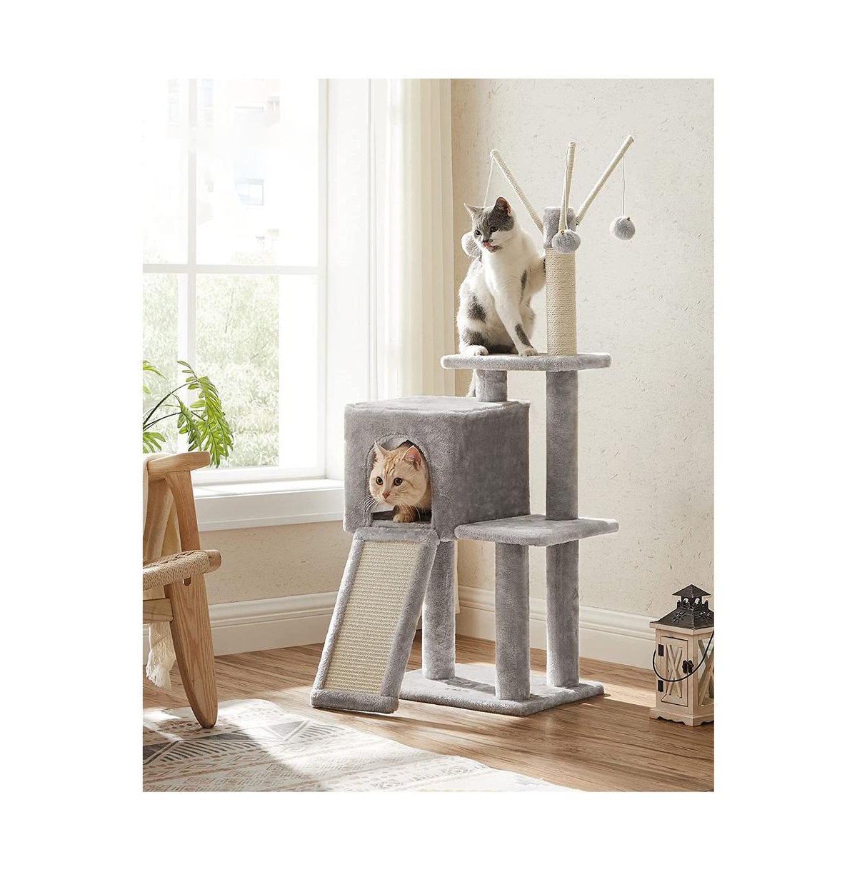 46.5-Inch Cat Tree with Cat Cave, 2-in-1 Scratching Ramp, Removable Toy Sticks, Anti-Tip Kit