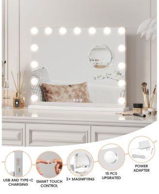 Vanity Mirror with Lights,Hollywood Mirror with 15 LED Bulbs,3 Color Modes,Detachable 3X Magnification,with USB Charging Port