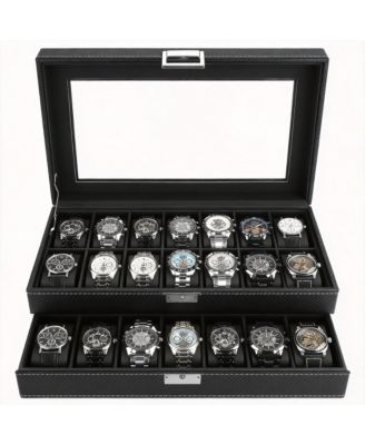 20-Slot PU Leather Watch Box with Clear Glass Lid and Removable Cushions
