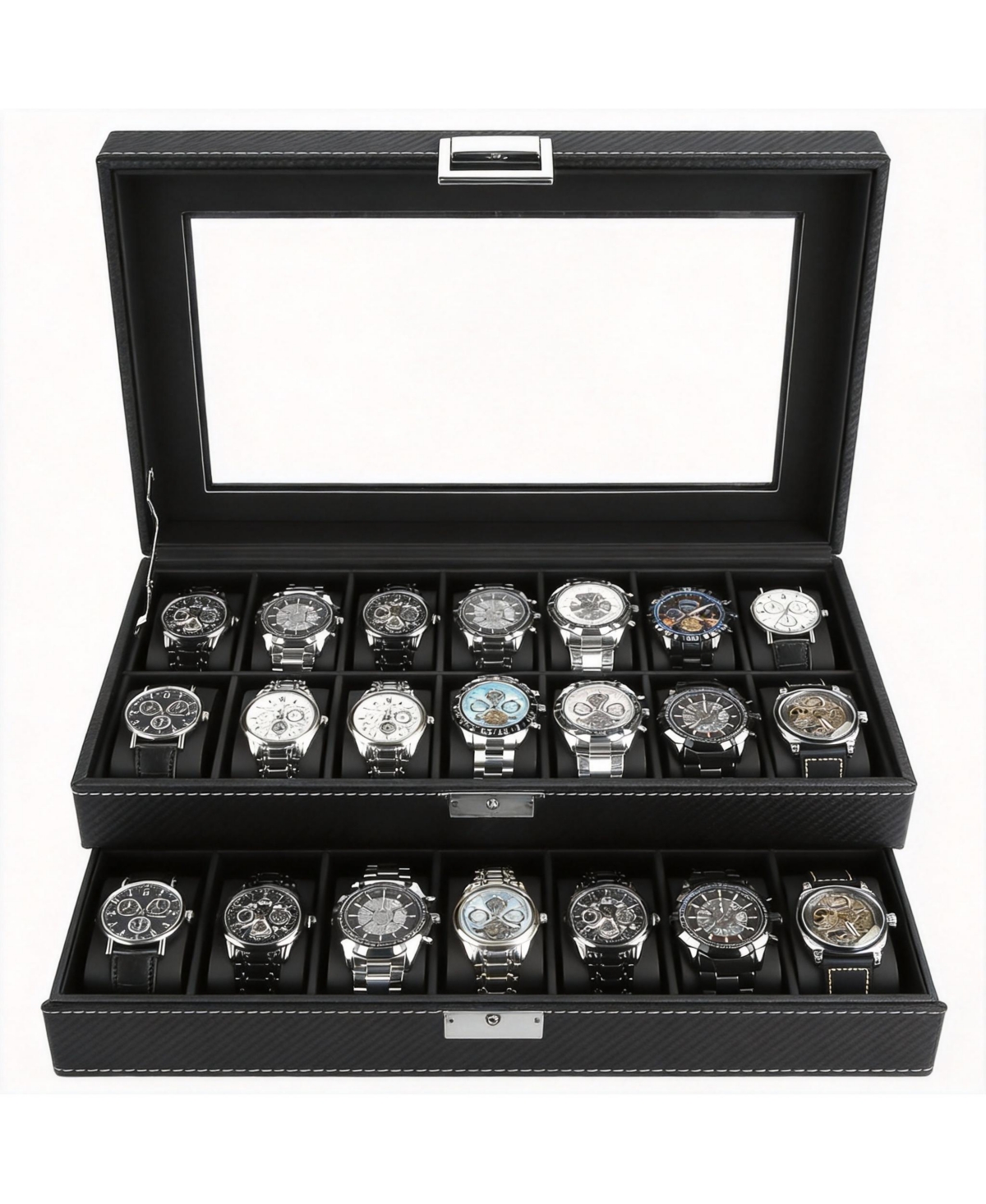 Yigii 20-Slot Pu Leather Watch Box with Clear Glass Lid and Removable Cushions