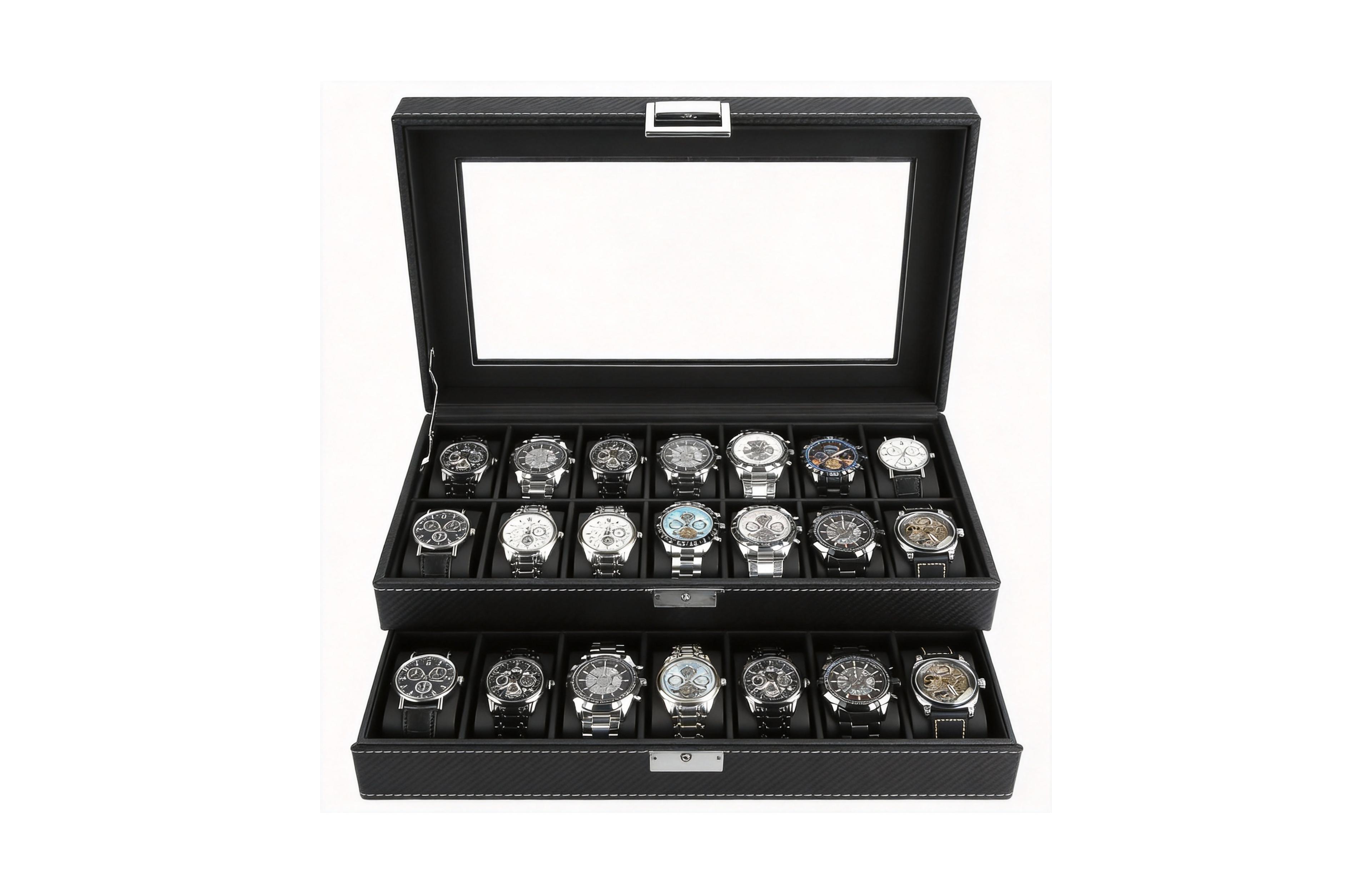 Yigii 20-Slot Pu Leather Watch Box with Clear Glass Lid and Removable Cushions
