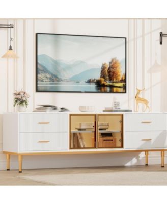 65 in TV Stand with LED Lights, Modern Entertainment Center with 4 Drawers & Shelves & Glass Doors