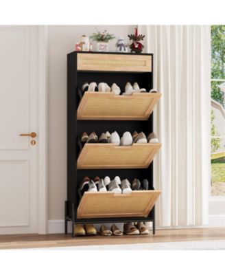 Rattan Storage Cabinet with 3 Flip Drawers, Freestanding Entryway Shoe Storage, Narrow Shoe Cabinet with Metal Legs for Entrance