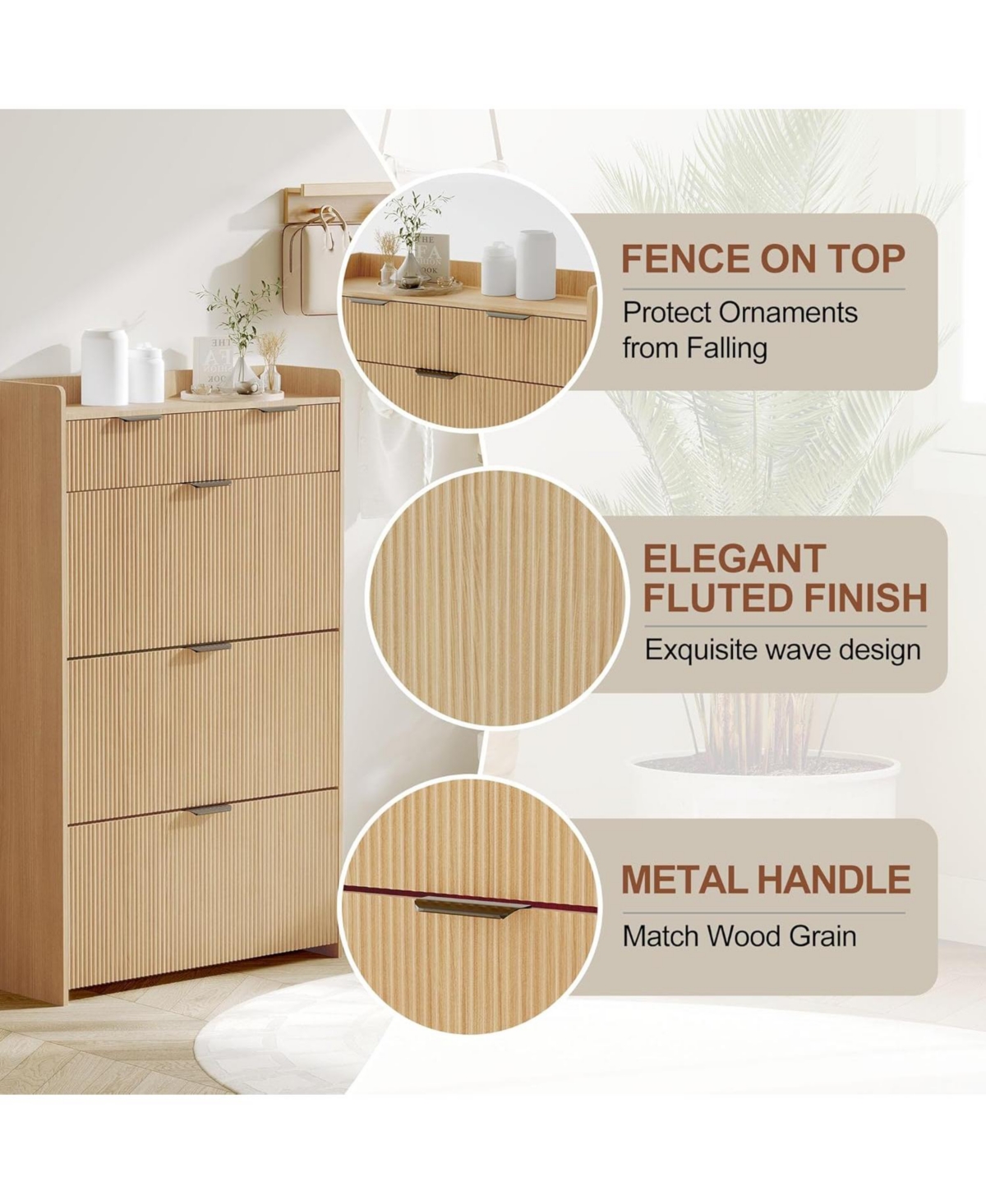 gaomon Wave Design Shoe Cabinet with 3 Slip Drawers, 2 Drawers, Raised Edges, and Fluted Details – Slim Hidden Wooden Shoe Organizer for Entryway