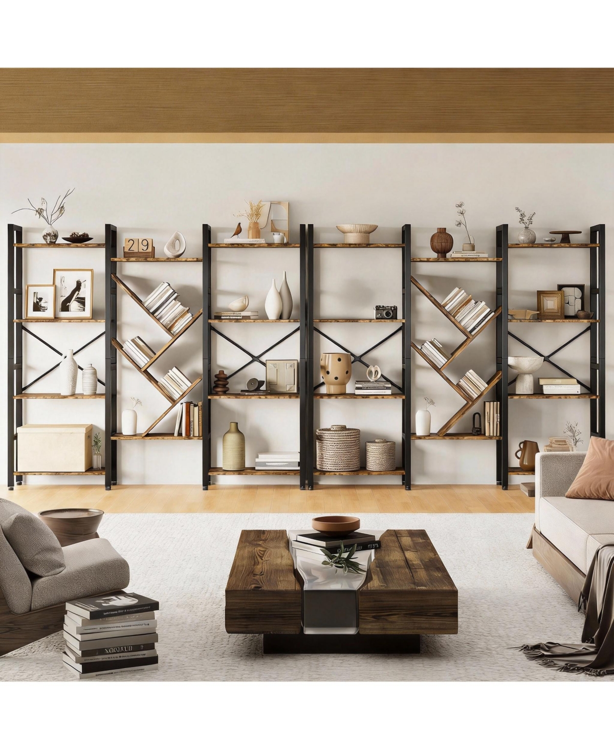 Yigii 70x70" Triple Wide Multifunctional Bookshelf - Modern Tree Design.