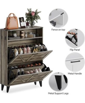 Shoe Cabinet with 2 Flip Drawers, Farmhouse Narrow Shoe Organizer with Adjustable Shelf.
