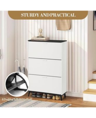 Shoe Cabinet with 3 Flip Drawers, Rattan Style Narrow Shoe Storage with Adjustable Shelf