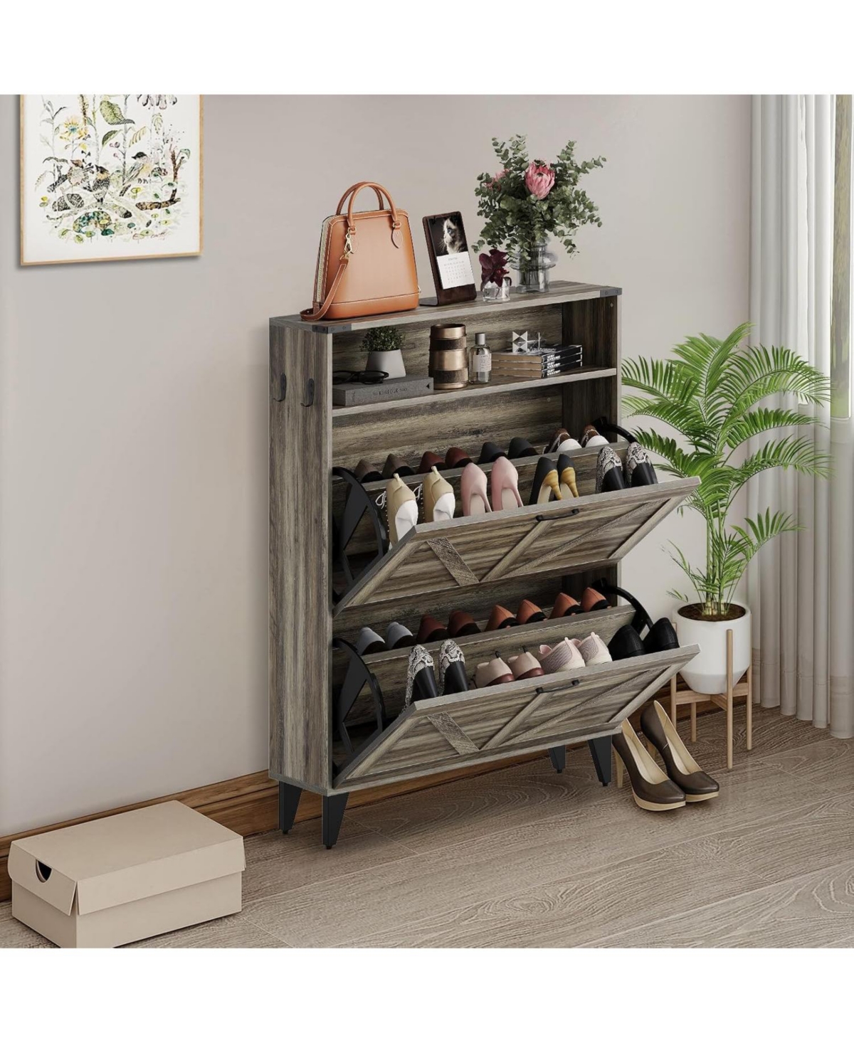 gaomon Freestanding Shoe Cabinet, 2 Flip Drawers Front Door Rack with Adjustable Shelf & Metal Legs, for Entrance, Entryway