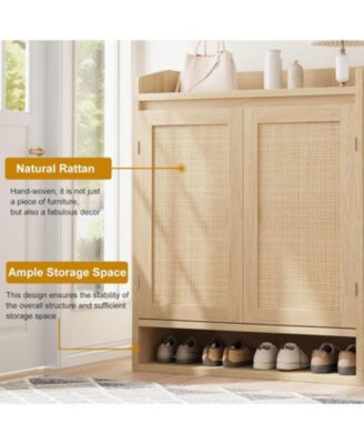 Rattan Shoe Cabinet with 2 Doors, Wooden Organizer with Adjustable Shelves