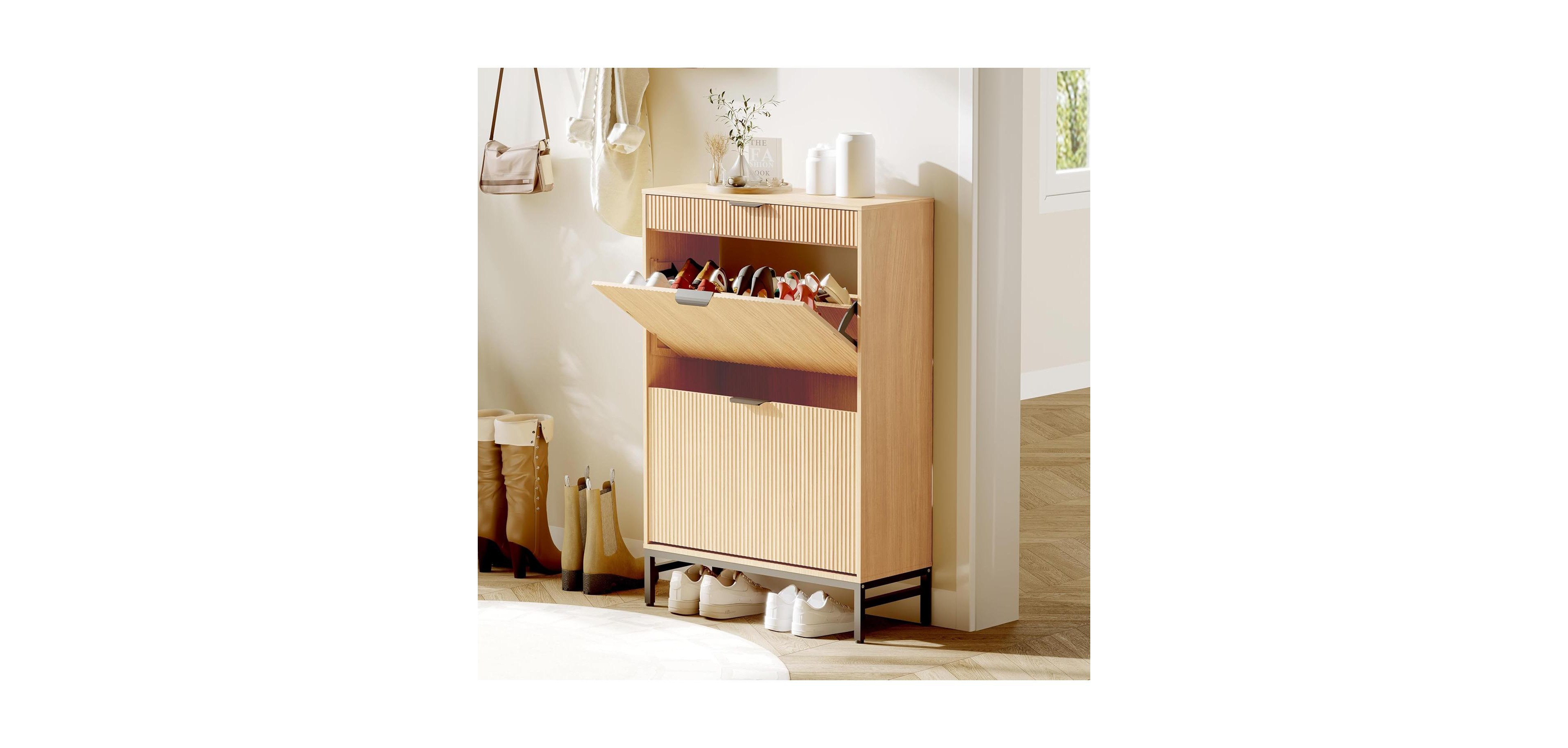 Goamon Modern White Fluted Shoe Storage Cabinet with 2 Flip Drawers & Pull-Out Drawer Hook
