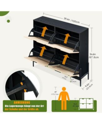 Rattan Shoe Cabinet with Flip-Drawer Doors, 4-Door Storage with Adjustable Shelves