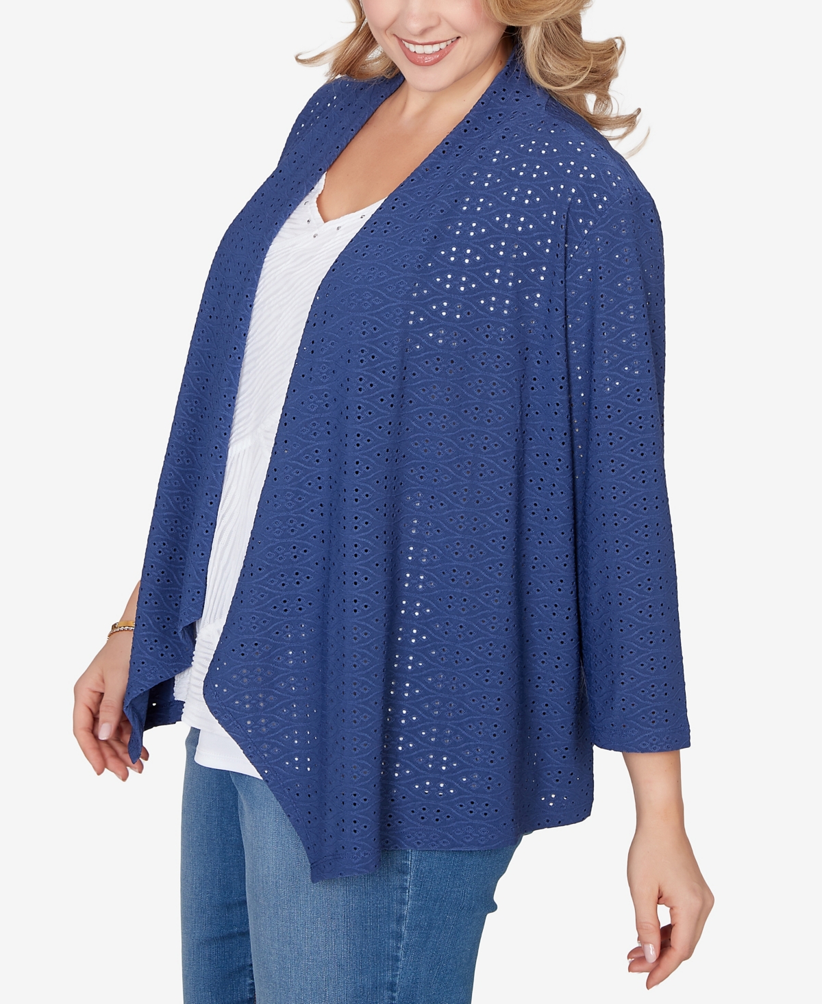 Hearts Of Palm Plus Solid Eyelet Cascade Cardigan with 3/4 Sleeve
