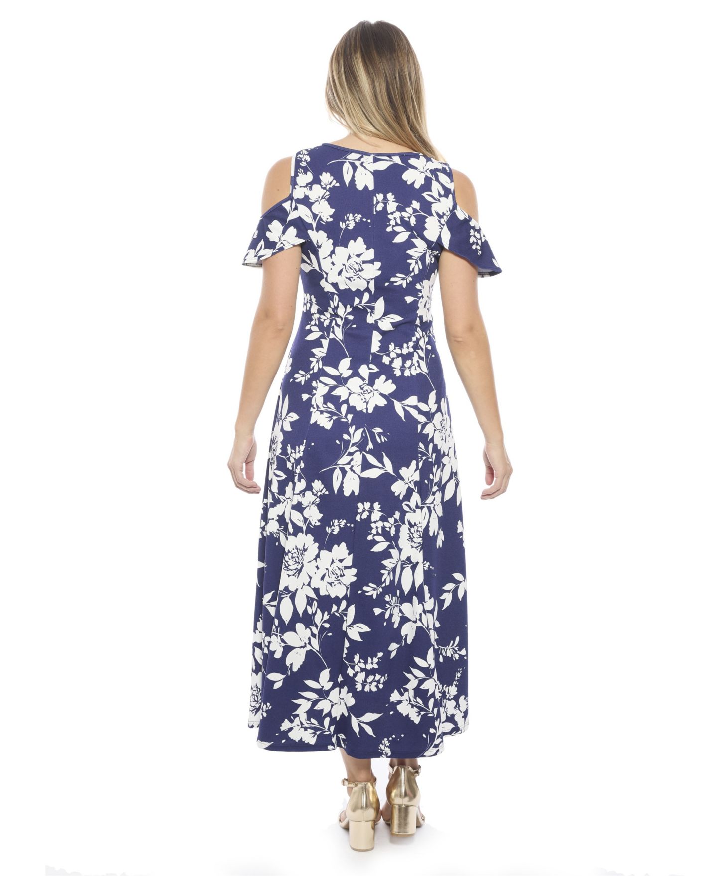 Женское платье 24seven Comfort Apparel Floral Ruffle Sleeve Cold Shoulder A-Line Maxi, цвет: С принтом — фото 3