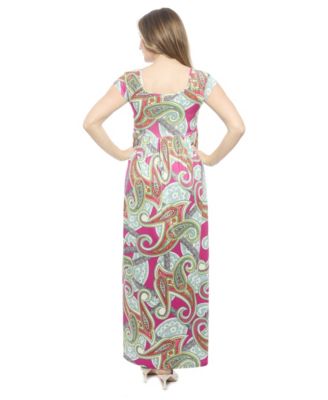 Women's Paisley Square Neck Cap Sleeve Pleated A-Line Maxi Dress