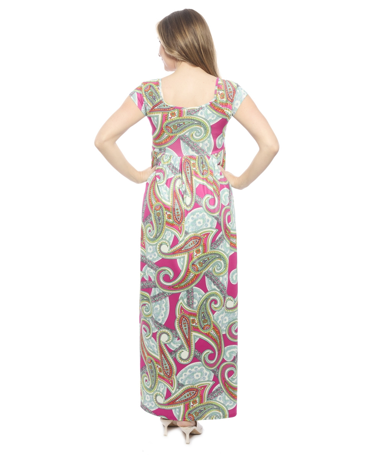 24seven Comfort Apparel Women's Paisley Square Neck Cap Sleeve Pleated A-Line Maxi Dress