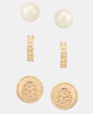 Gold-Tone Pearl, Coin And Hoop Earrings, 3-Piece Set 