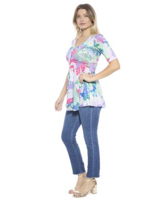 Women's Abstract V-Neck Elbow Sleeve Henley Tunic Top