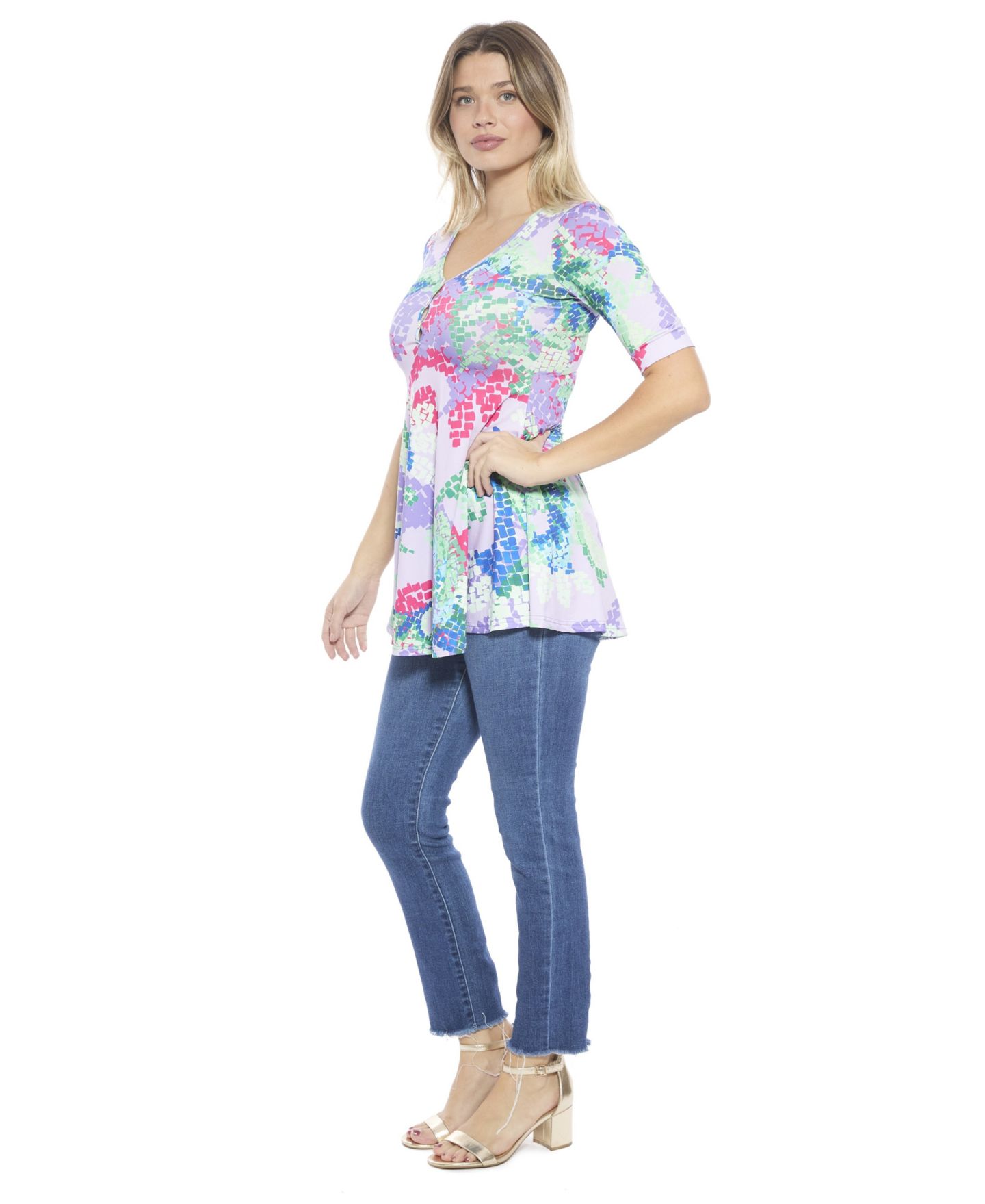 Женский топ 24seven Comfort Apparel Abstract V-Neck Elbow Sleeve Henley Tunic Top, цвет: С принтом — фото 2