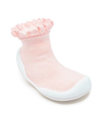 Baby Girls First Walk Sock Shoes Lace Trim Pink