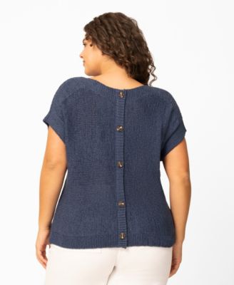 Plus Size Button Back Tape Yarn Short-Sleeve Knit Sweater