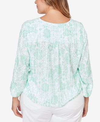 Plus Size Printed Eyelet Gauze Tie Front Top