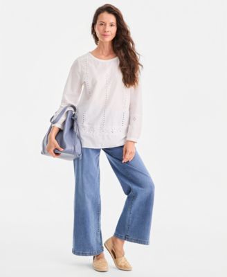 Women's Cotton Eyelet Long-Sleeve Blouse