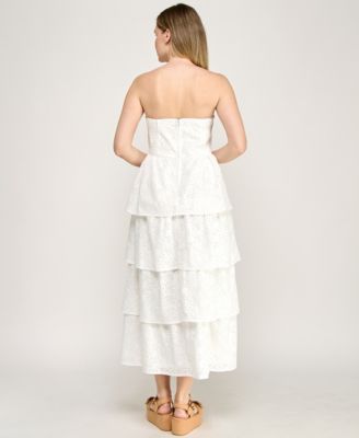 Juniors' Strapless Floral Eyelet Tiered Maxi Dress