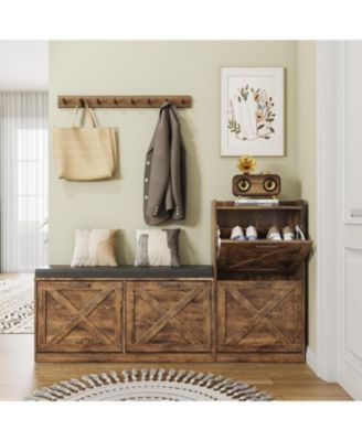 Shoe Storage Cabinet with Shoe Bench, Framhouse Shoe Cabinet with 4 Flip Drawers & Padded Seat Cushion