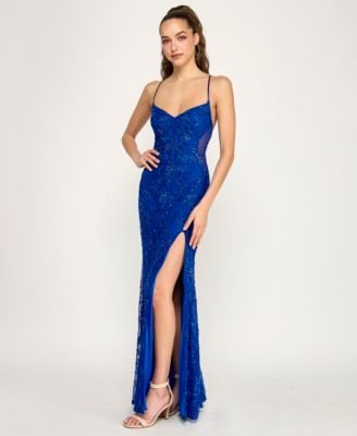 Juniors' V-Neck Side Slit Gown