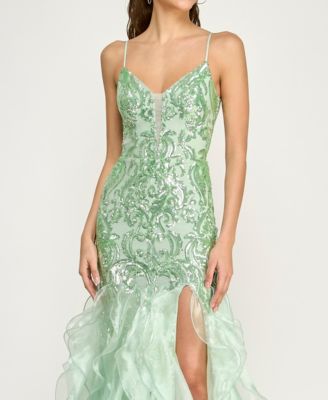 Juniors' Spaghetti Straps V-Neck Gown