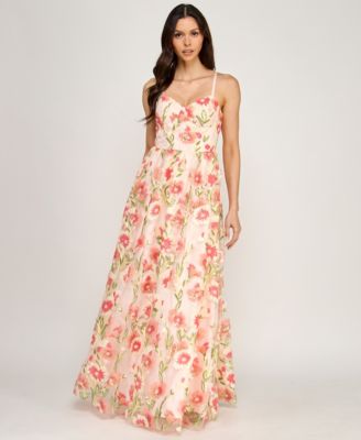 Juniors' Strappy Corseted Sequin Floral Ball Gown