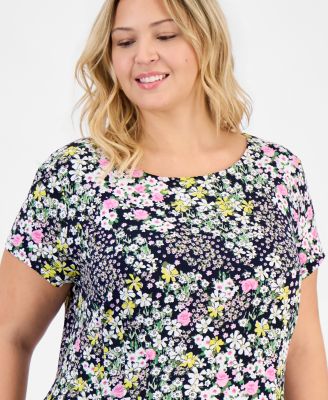 Plus Size Printed Pintuck Short-Sleeve Dress