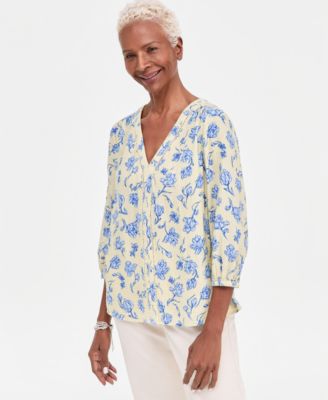 Women's Cotton Gauze Printed V-neck Blouse