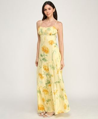 Juniors' Sleeveless Bungee Back Asymmetrical Maxi Dress