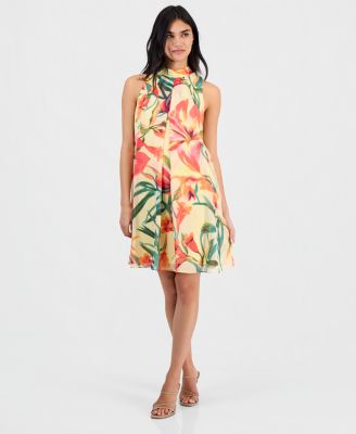 Petite Floral-Print Chiffon Trapeze Dress