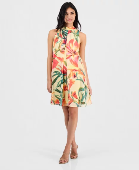 Petite Floral-Print Chiffon Trapeze Dress - Yellow/Red/Green