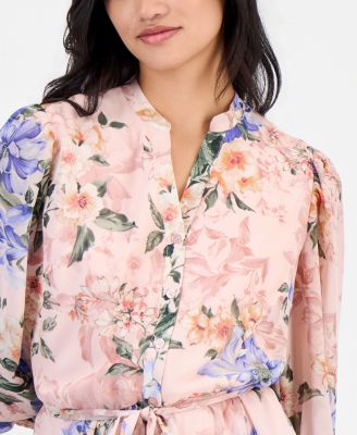 Petite Floral-Print Chiffon Belted Dress