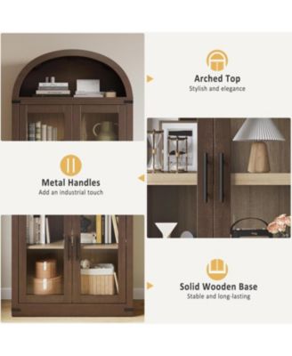 71.6" Arched Display Cabinet, 5-Tier Arched Bookcase with Glass Doors, Bookshelf, Kitchen Pantry, Modern Fluted Wooden Storage