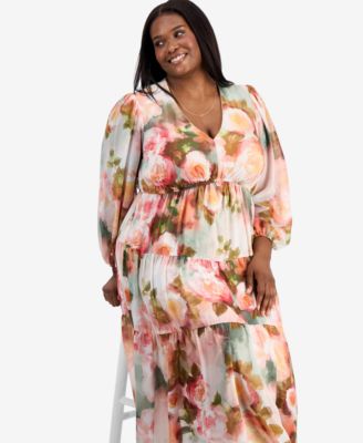 Plus Size Printed Balloon-Sleeve Tiered Dress