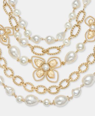 Imitation Pearl Flower Layered Statement Necklace, 16" + 3" extender