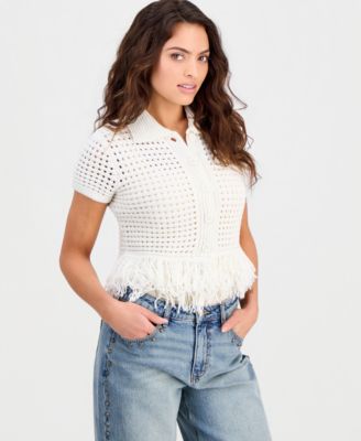 Petite Short-Sleeve Johnny-Collar Fringe Sweater